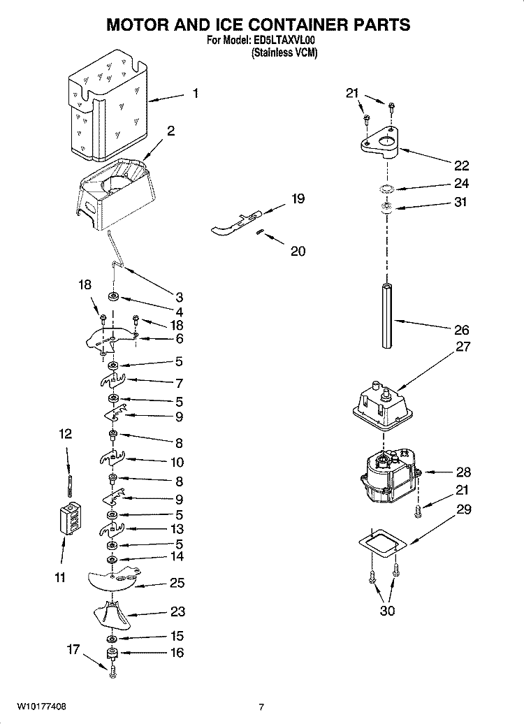 MOTOR AND ICE CONTAINER PARTS Diagram and Parts List for ED5LTAXVL00  Whirlpool Refrigerator