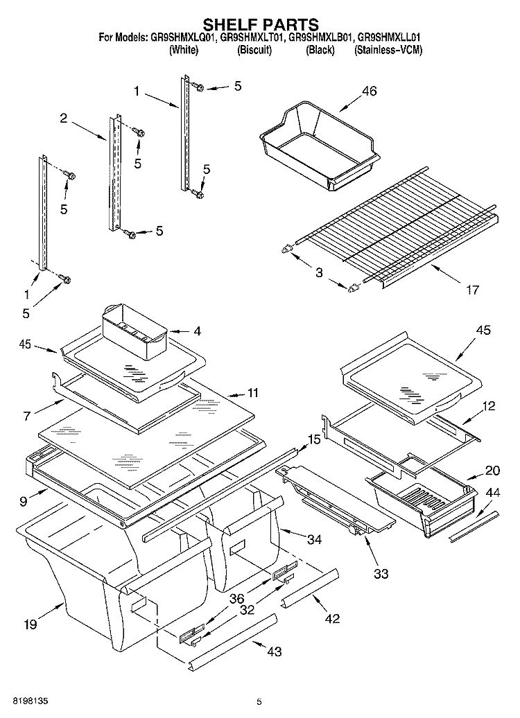 SHELF Diagram and Parts List for GR9SHMXLQ01  Whirlpool Refrigerator