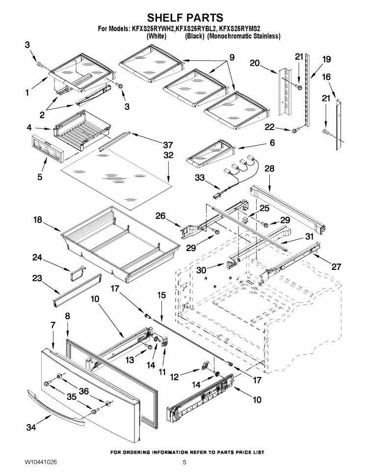 SHELF PARTS Diagram and Parts List for KFXS25RYBL2  KitchenAid Refrigerator