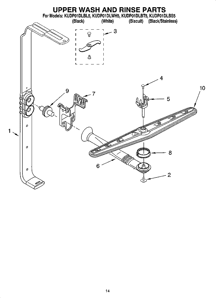 UPPER WASH AND RINSE PARTS, OPTIONAL PARTS (NOT INCLUDED) Diagram and Parts List for KUDP01DLBL5  KitchenAid Dishwasher