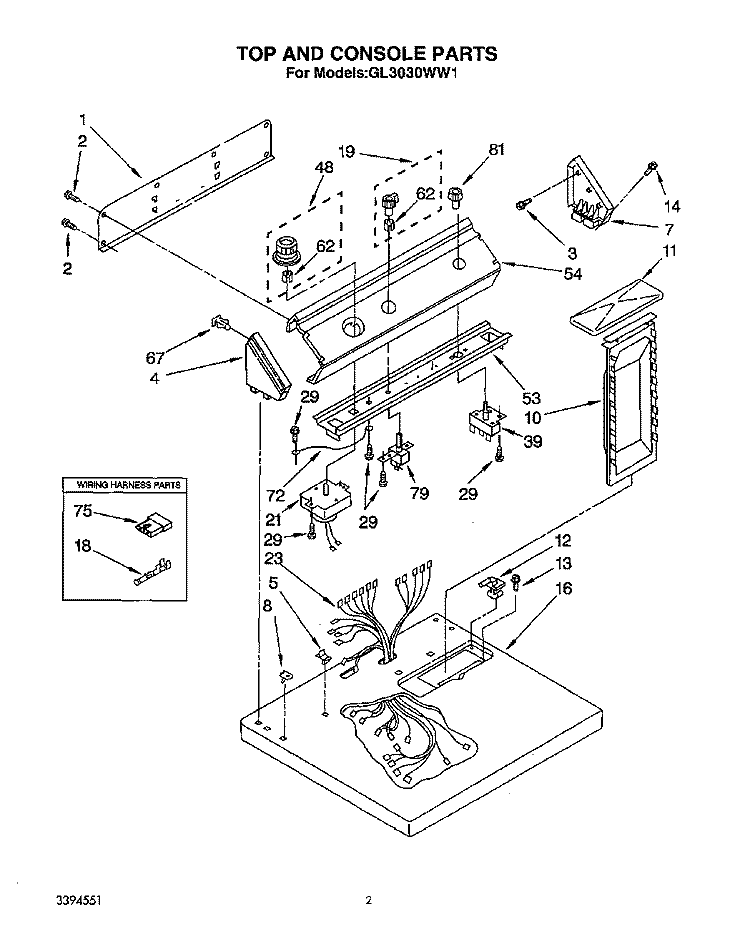 TOP AND CONSOLE, LIT/OPTIONAL Diagram and Parts List for GL3030WW1  Roper Dryer
