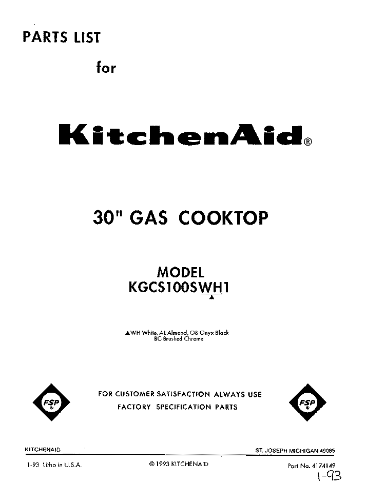 COVER Diagram and Parts List for KGCS100SWH1  KitchenAid Cooktop