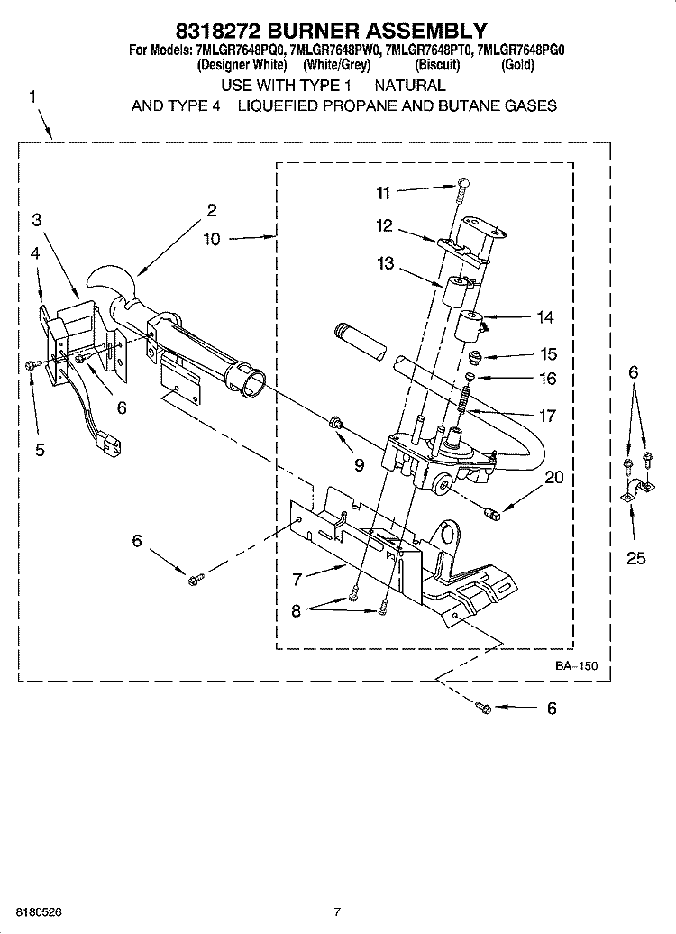 8318272 BURNER ASSEMBLY, OPTIONAL PARTS (NOT INCLUDED) Diagram and Parts List for 7MLGR7648PG0  Whirlpool Dryer