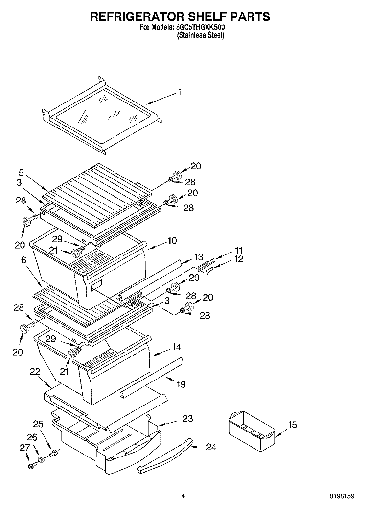 REFRIGERATOR SHELF PARTS Diagram and Parts List for 6GC5THGXKS00  Whirlpool Refrigerator
