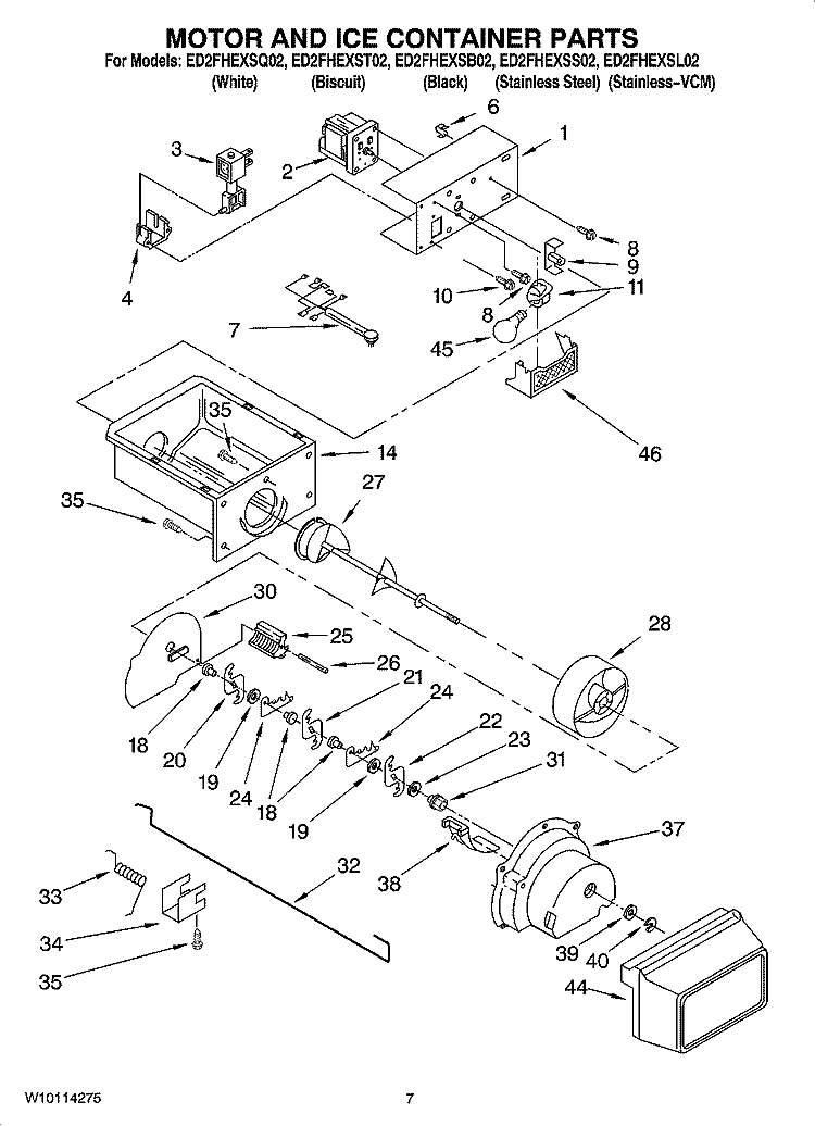 MOTOR AND ICE CONTAINER PARTS Diagram and Parts List for ED2FHEXSL02  Whirlpool Refrigerator