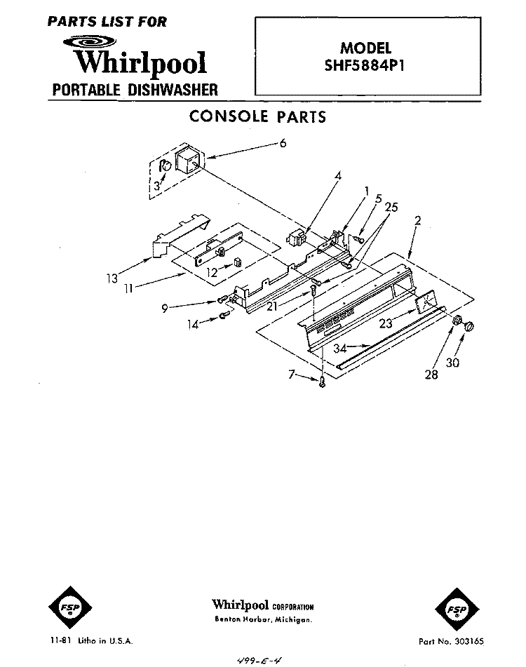 CONSOLE Diagram and Parts List for SHF5884P1  Whirlpool Dishwasher