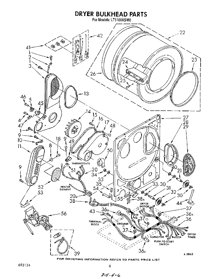 DRYER BULKHEAD Diagram and Parts List for LT5100XSW0  Whirlpool Washer Dryer Combo