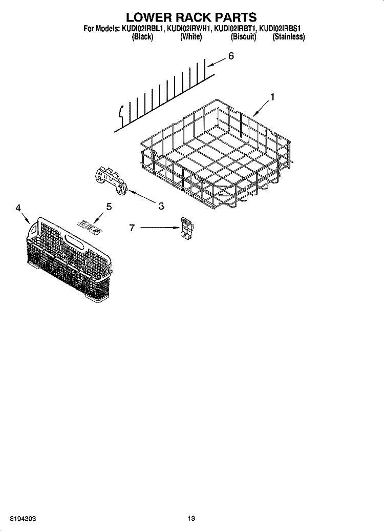 LOWER RACK PARTS, OPTIONAL PARTS (NOT INCLUDED) Diagram and Parts List for KUDI02IRBT1  KitchenAid Dishwasher