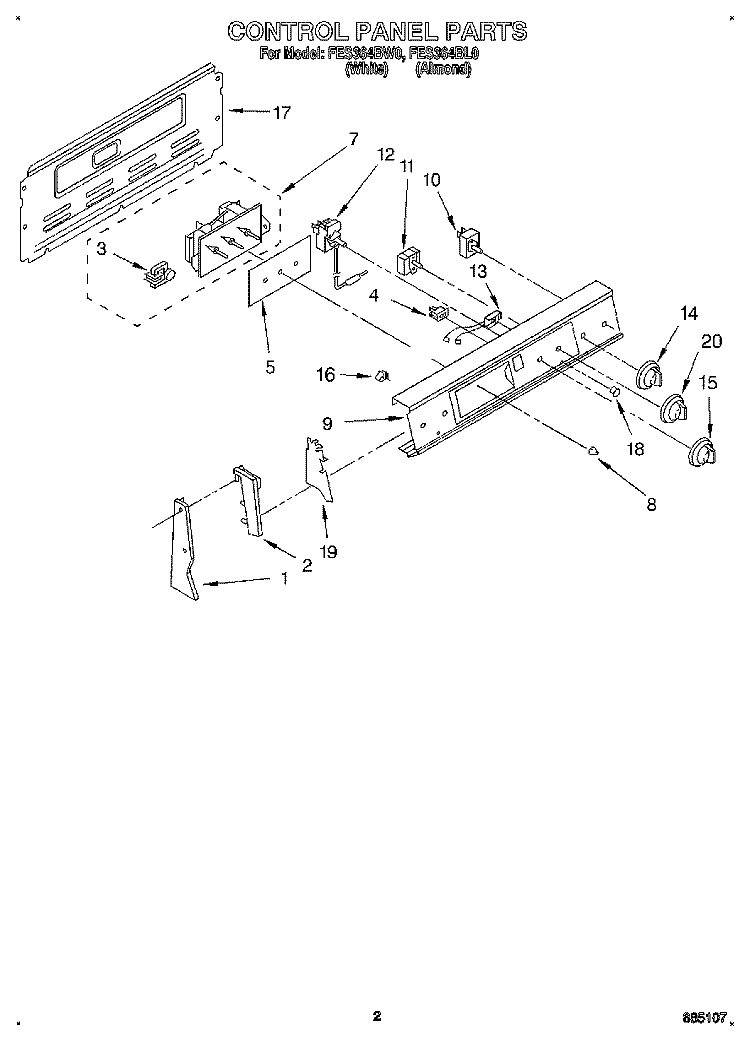 CONTROL PANEL Diagram and Parts List for FES364BW0  Roper Range