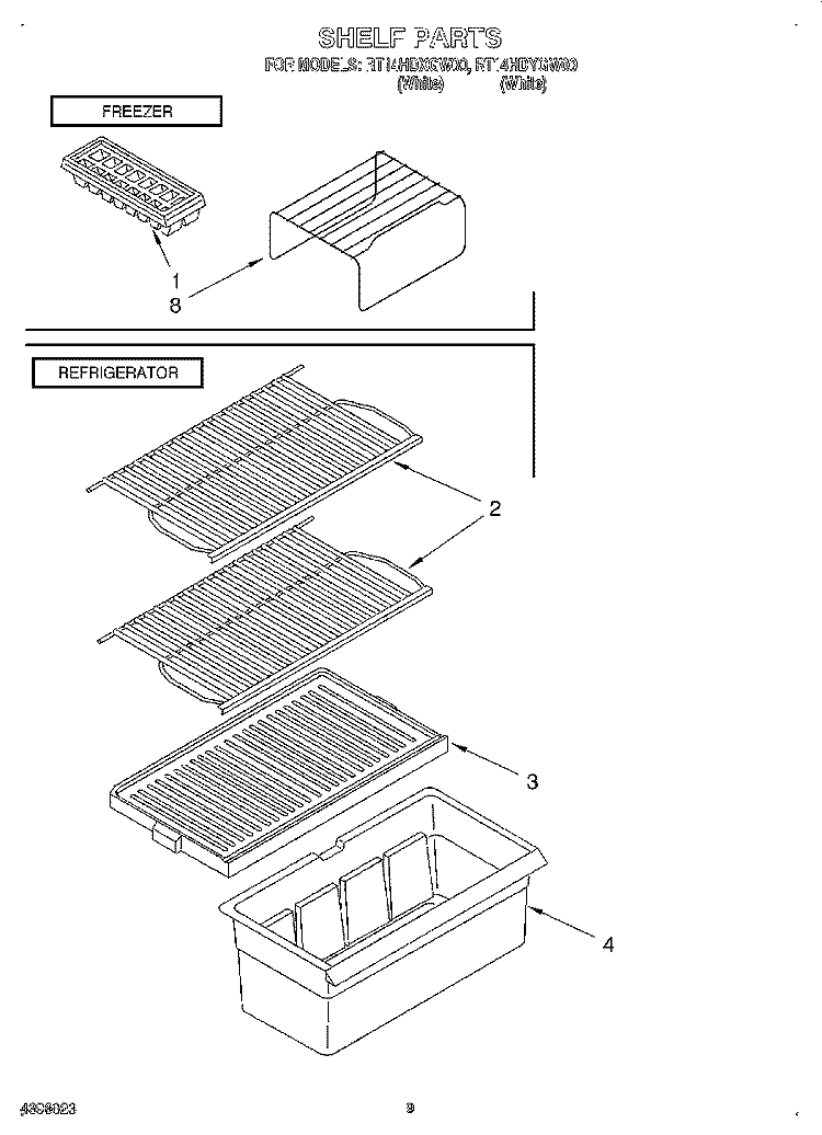SHELF Diagram and Parts List for RT14HDYGW00  Roper Refrigerator