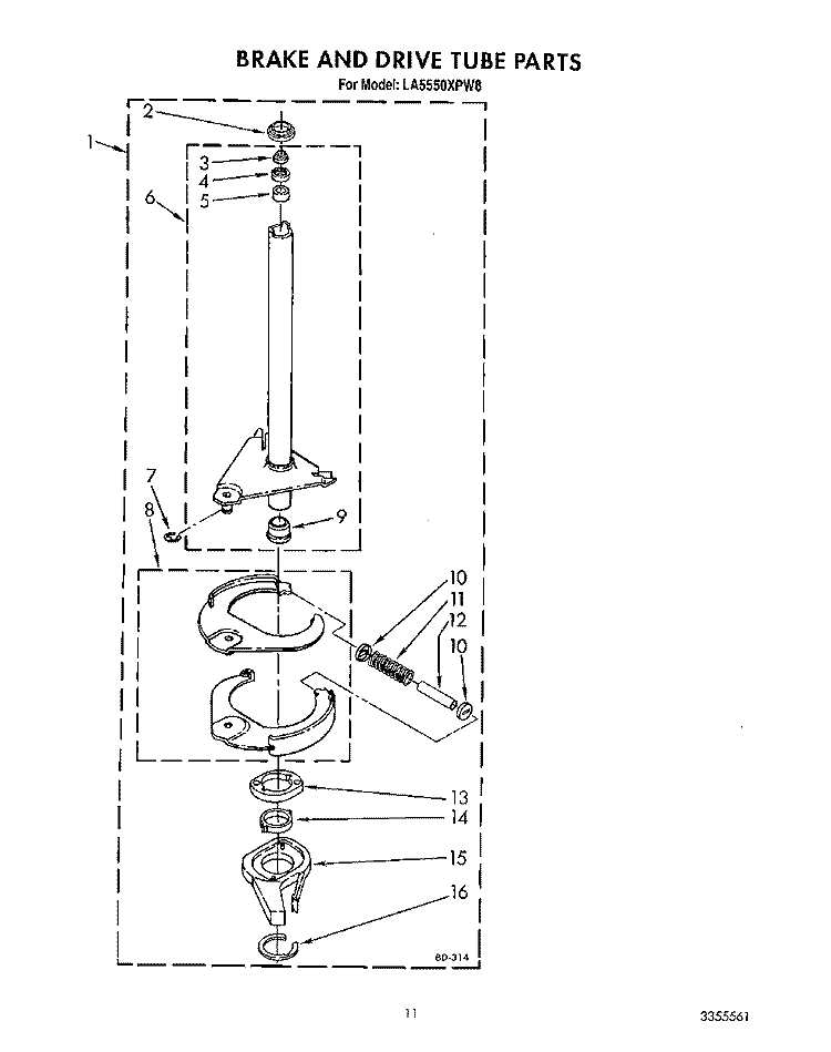 BRAKE AND DRIVE TUBE Diagram and Parts List for LA5550XPW8  Whirlpool Washer