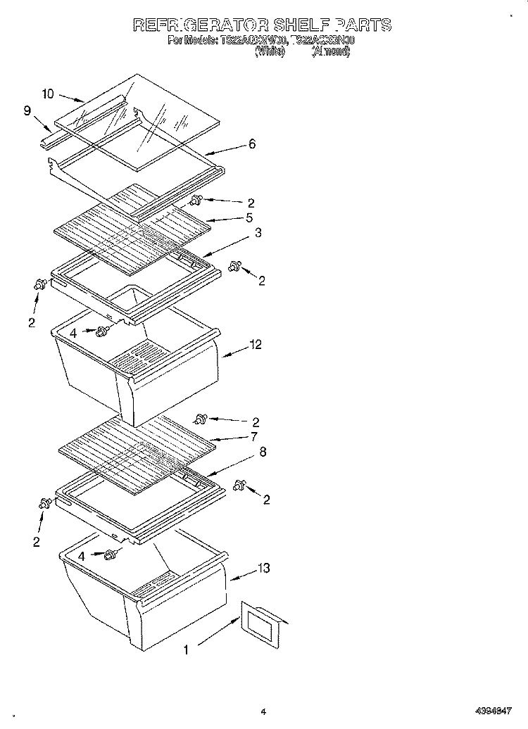 REFRIGERATOR SHELF Diagram and Parts List for TS22AQXGW00  Whirlpool Refrigerator