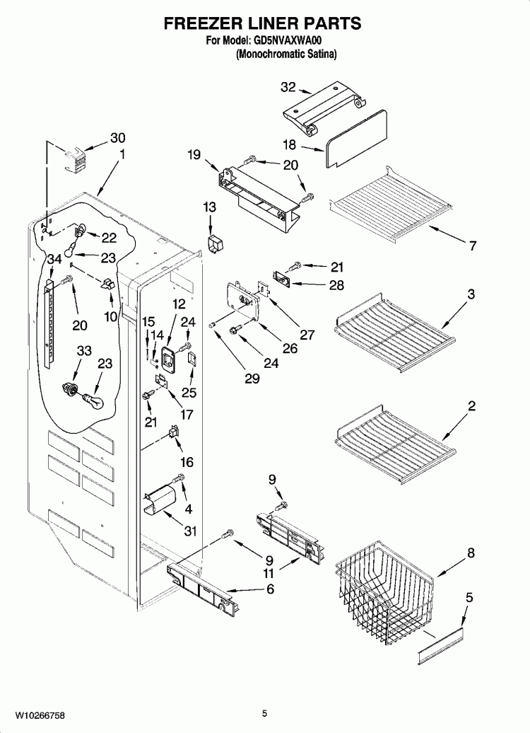 FREEZER LINER PARTS Diagram and Parts List for GD5NVAXWA00  Whirlpool Refrigerator