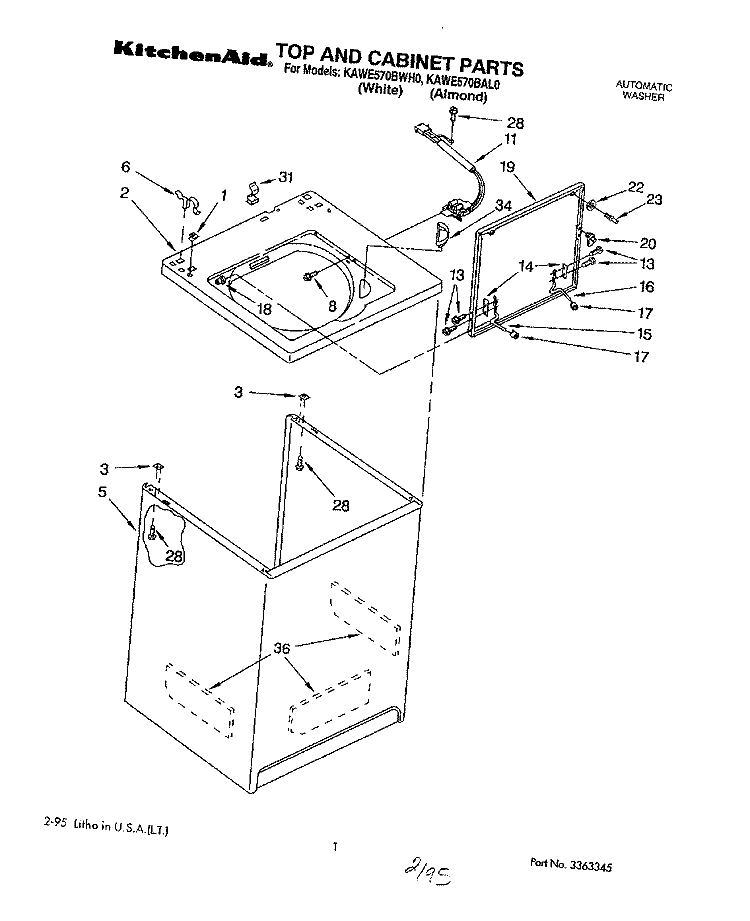 TOP AND CABINET, LIT/OPTIONAL Diagram and Parts List for KAWE570BWH0  KitchenAid Washer