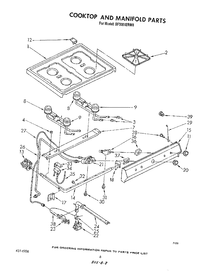 COOKTOP AND MANIFOLD , LITERATURE A Diagram and Parts List for SF3001ERW0  Whirlpool Range