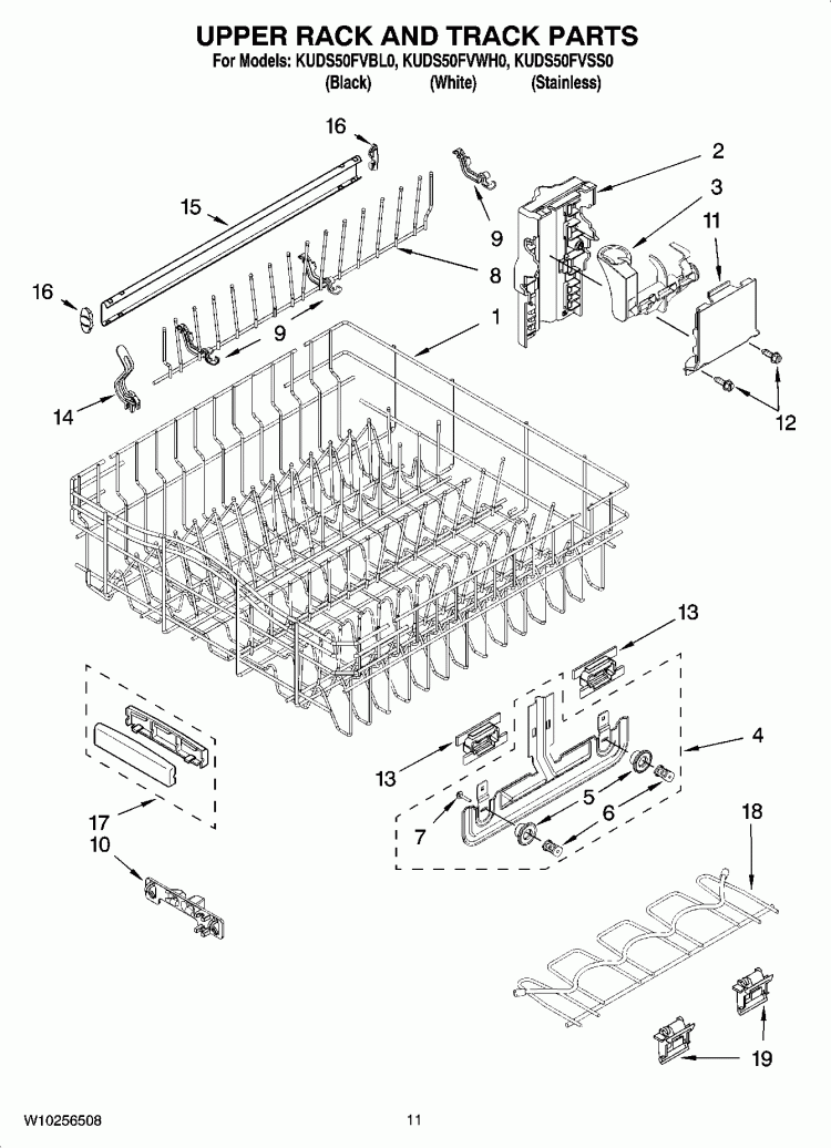 UPPER RACK AND TRACK PARTS Diagram and Parts List for KUDS50FVSS0  KitchenAid Dishwasher