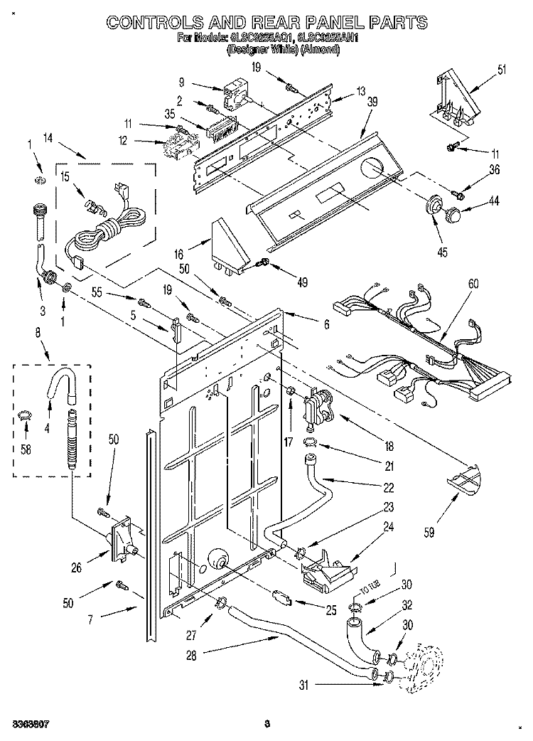 CONTROLS AND REAR PANEL Diagram and Parts List for 6LSC9255AN1  Whirlpool Washer