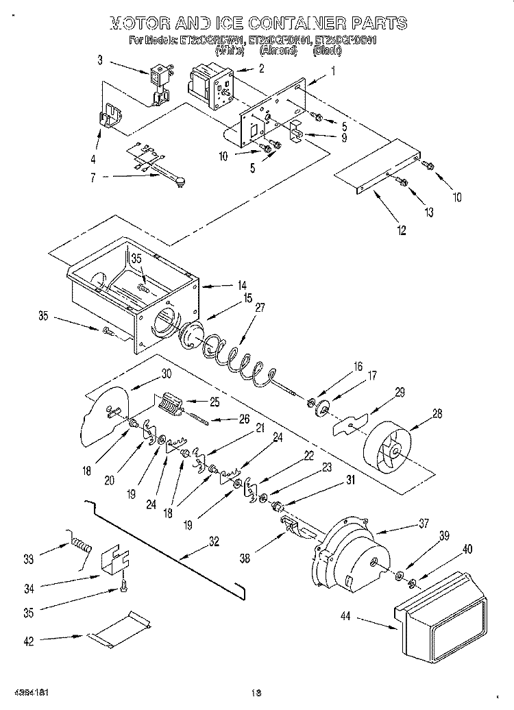 MOTOR AND ICE CONTAINER Diagram and Parts List for ET25DQRDB01  Whirlpool Refrigerator