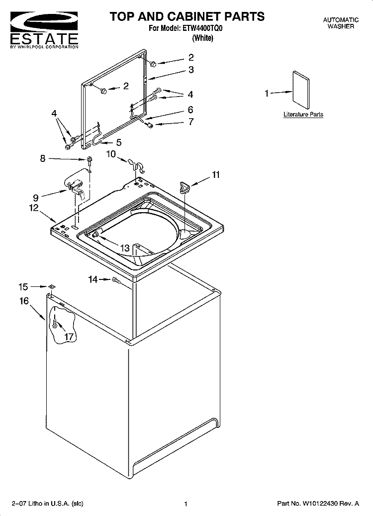 TOP AND CABINET PARTS Diagram and Parts List for ETW4400TQ0  Estate Washer