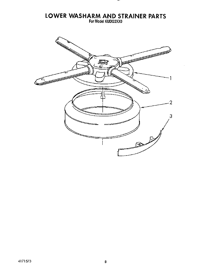 LOWER WASHARM AND STRAINER Diagram and Parts List for KUDI22XX0  KitchenAid Dishwasher