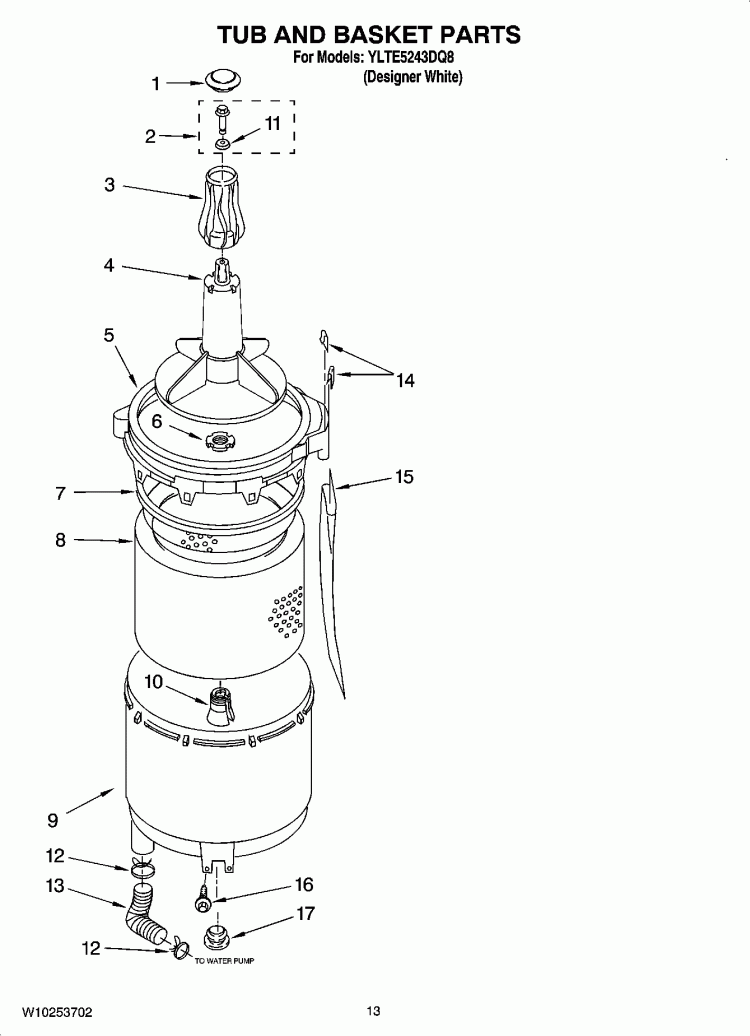 TUB AND BASKET PARTS Diagram and Parts List for YLTE5243DQ8  Whirlpool Washer Dryer Combo