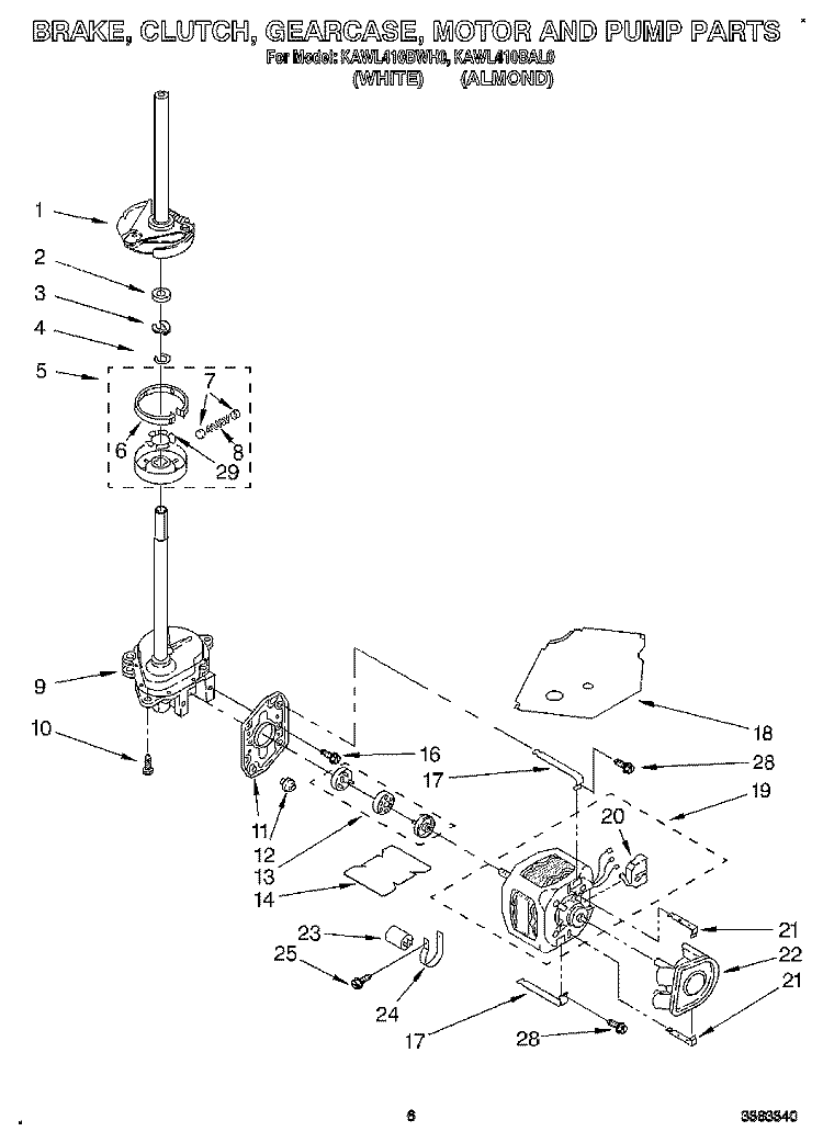 BRAKE, CLUTCH, GEARCASE, MOTOR AND PUMP Diagram and Parts List for KAWL410BWH0  KitchenAid Washer