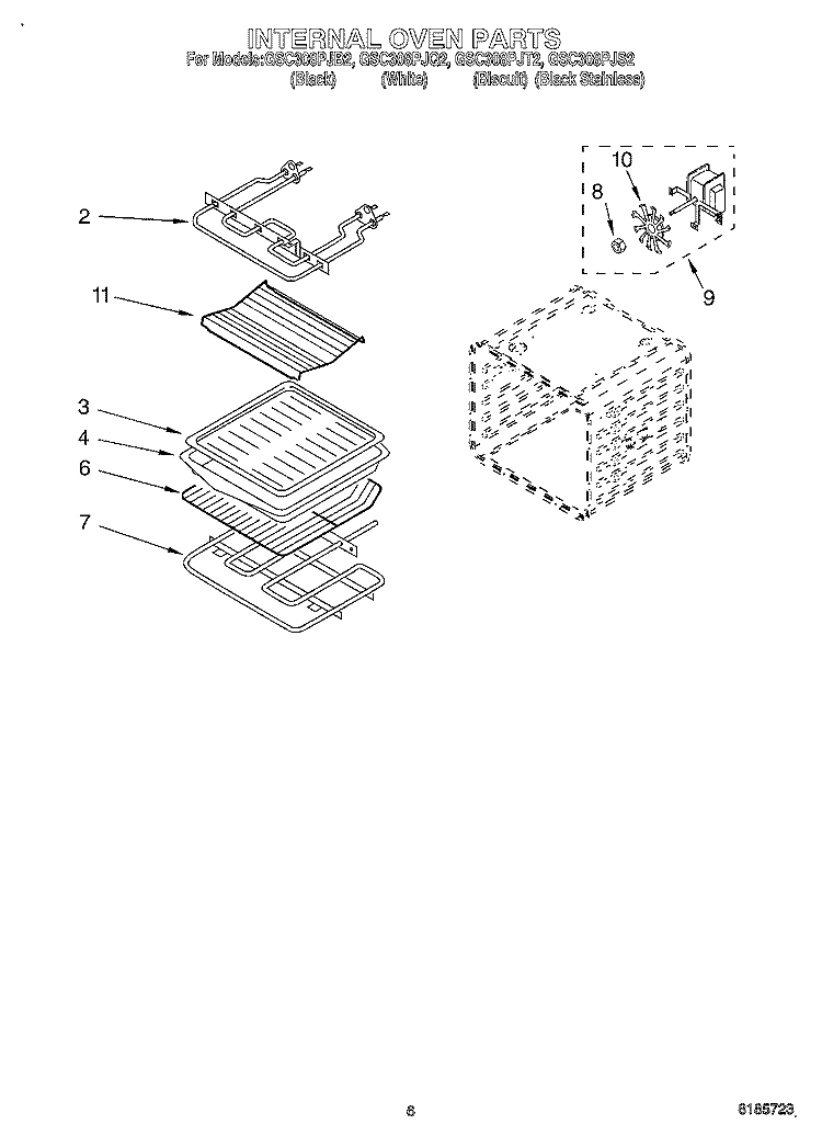 INTERNAL OVEN Diagram and Parts List for GSC308PJQ2  Whirlpool Microwave Oven Combo