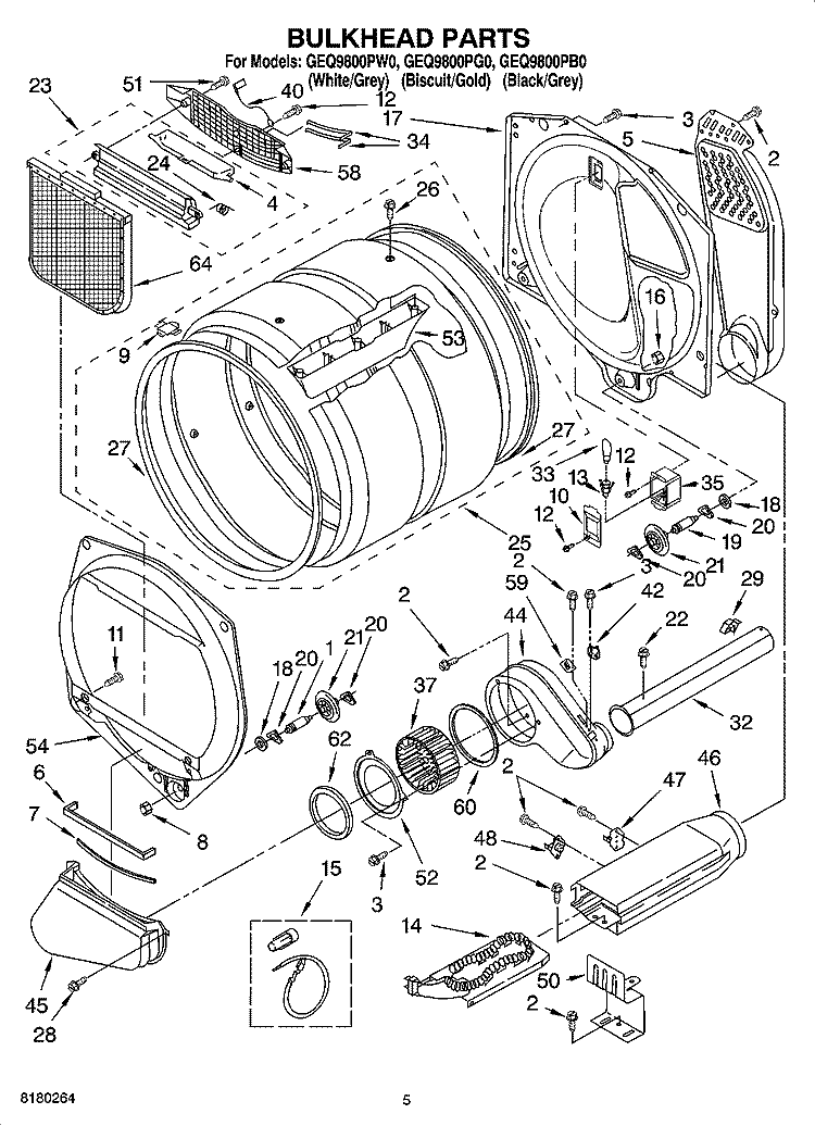 BULKHEAD PARTS Diagram and Parts List for GEQ9800PB0  Whirlpool Dryer