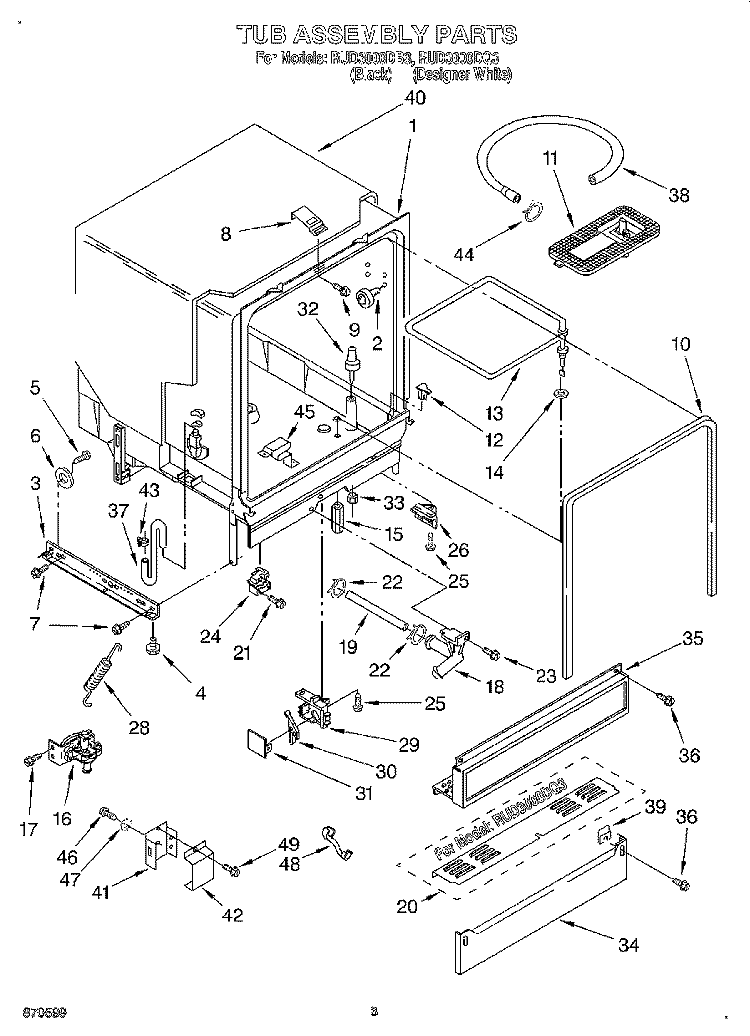 TUB ASSEMBLY Diagram and Parts List for RUD3000DB3  Roper Dishwasher