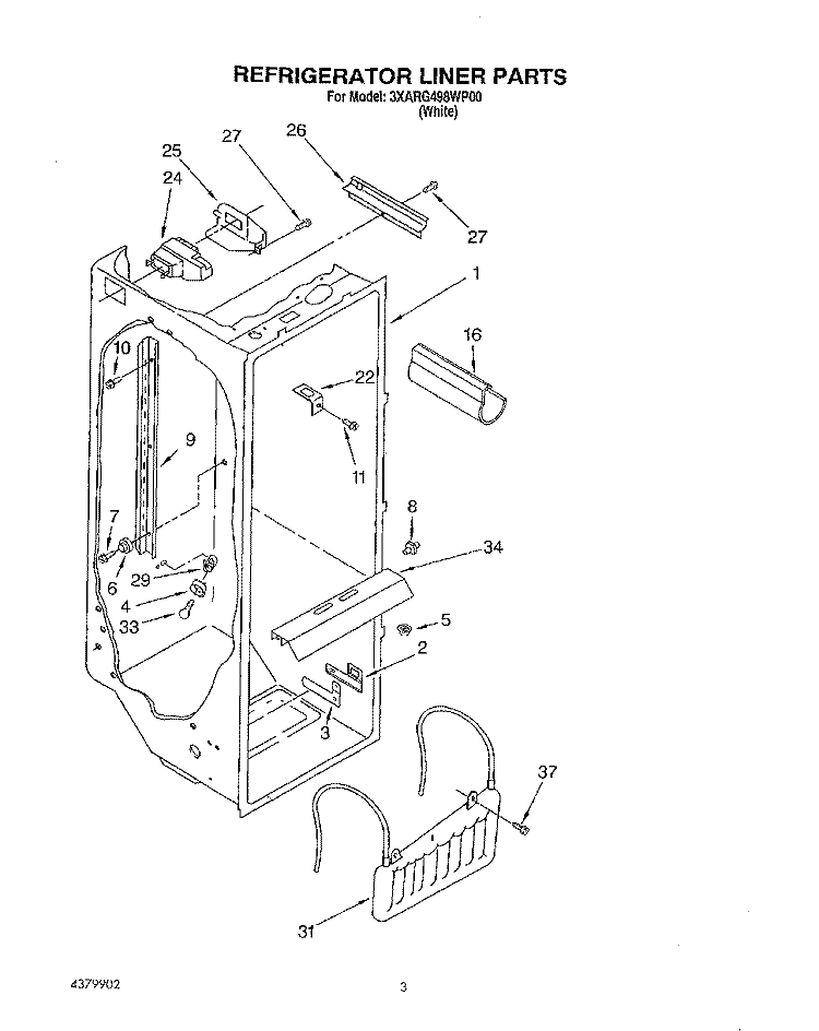 REFRIGERATOR LINER Diagram and Parts List for 3XARG498WP00  Whirlpool Refrigerator