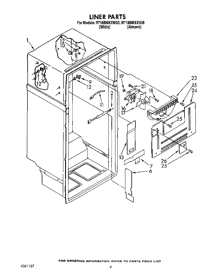 LINER Diagram and Parts List for RT18BMXXW00  Roper Refrigerator