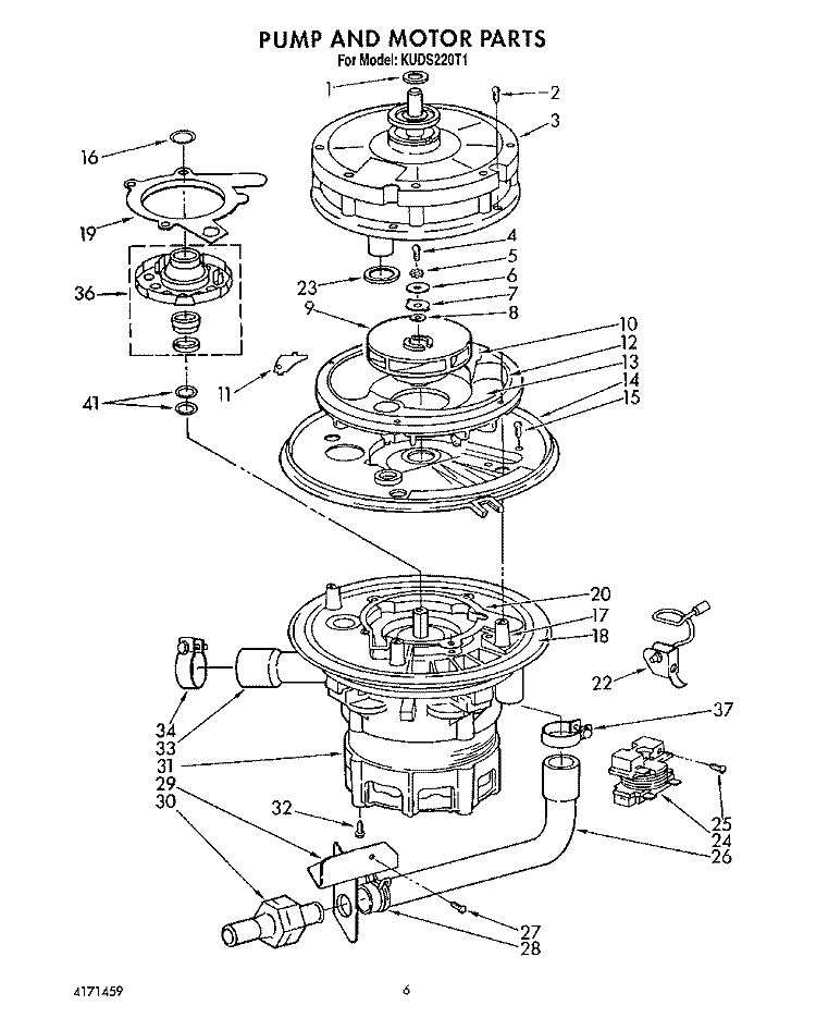 PUMP AND MOTOR Diagram and Parts List for KUDS220T1  KitchenAid Dishwasher