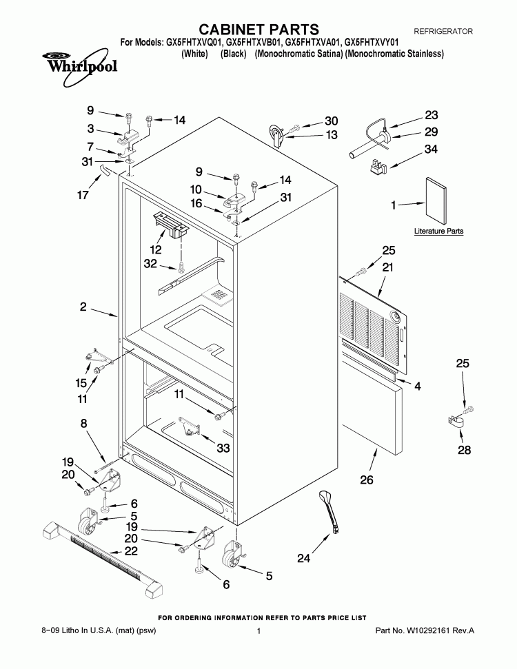 CABINET PARTS Diagram and Parts List for GX5FHTXVA01  Whirlpool Refrigerator