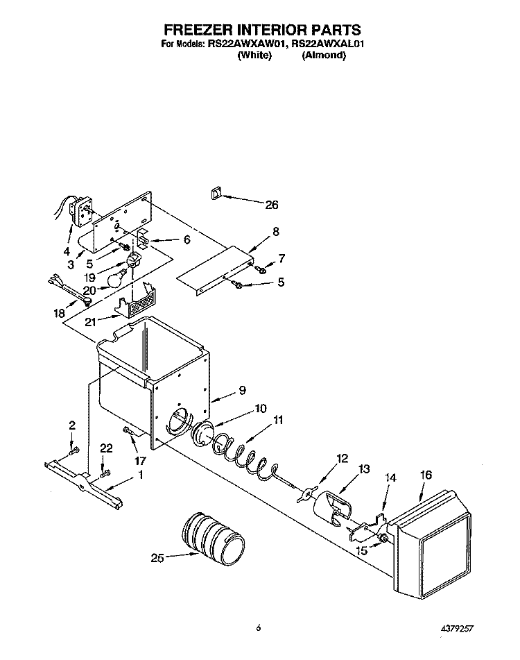 FREEZER INTERIOR Diagram and Parts List for RS22AWXAW01  Roper Refrigerator