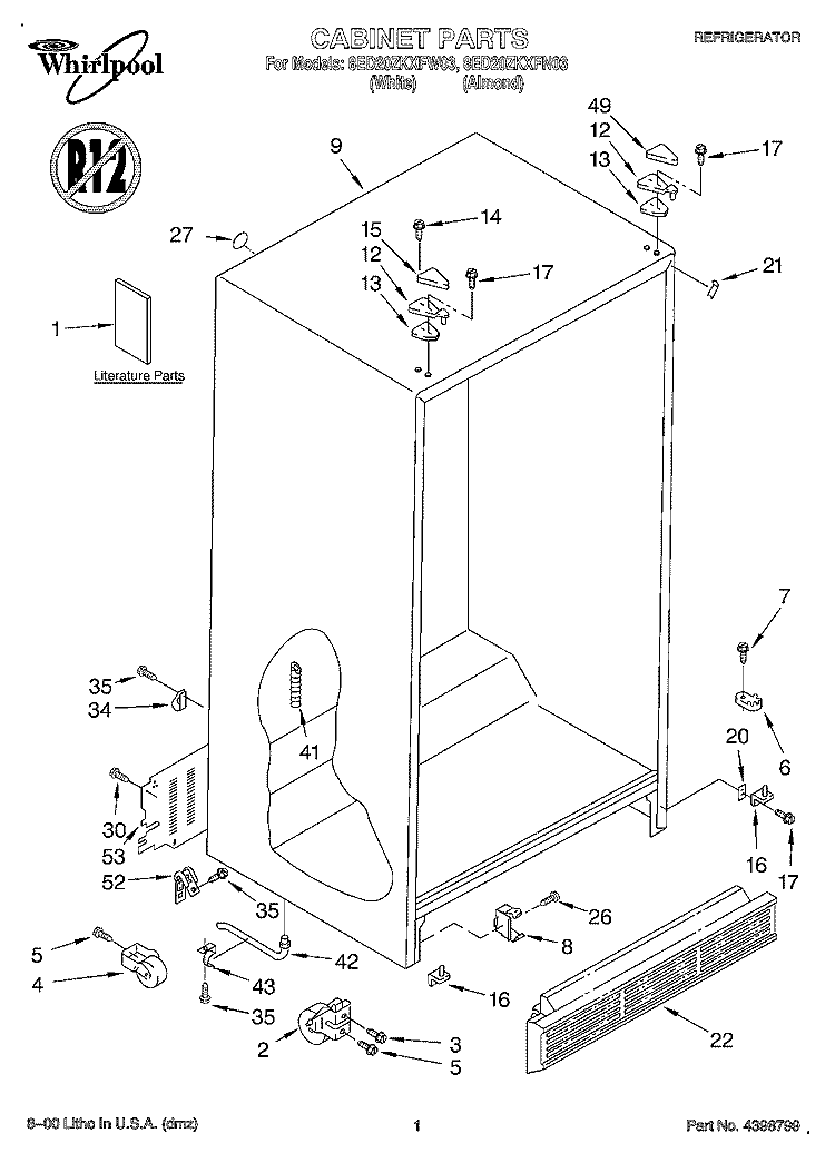 CABINET, LITERATURE Diagram and Parts List for 8ED20ZKXFN03  Whirlpool Refrigerator