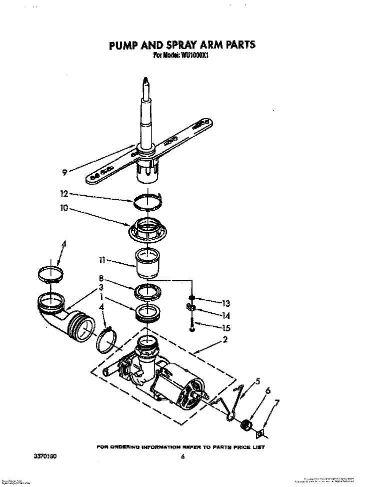 PUMP AND SPRAY ARM Diagram and Parts List for WU1000X1  Roper Dishwasher