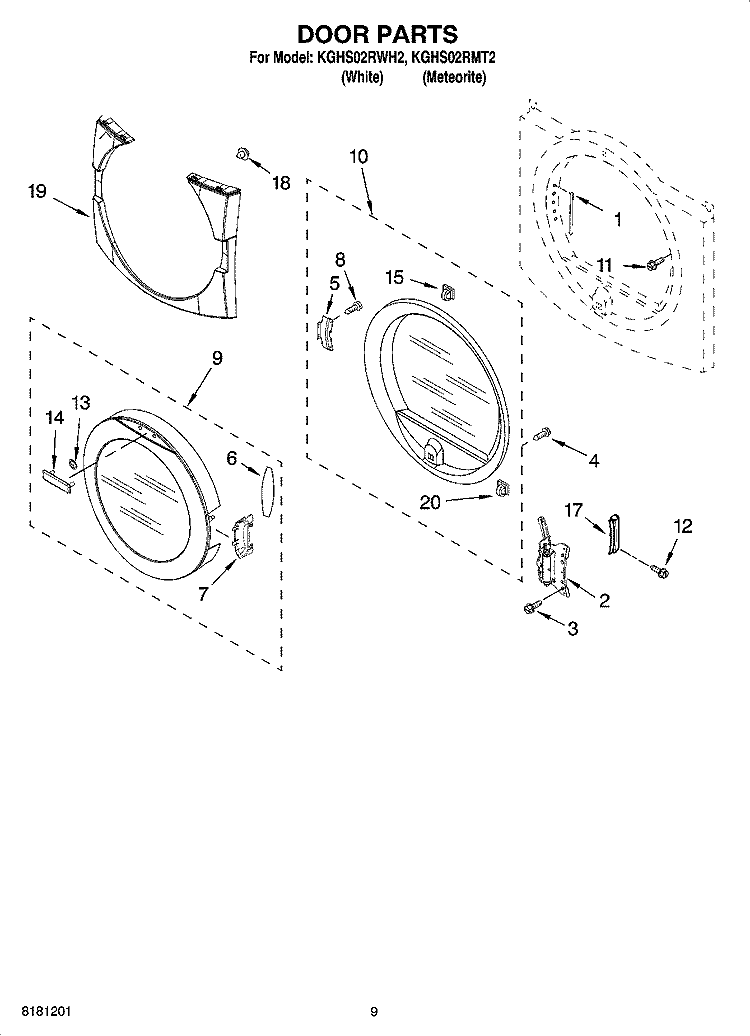 DOOR PARTS, OPTIONAL PARTS (NOT INCLUDED) Diagram and Parts List for KGHS02RMT2  KitchenAid Dryer
