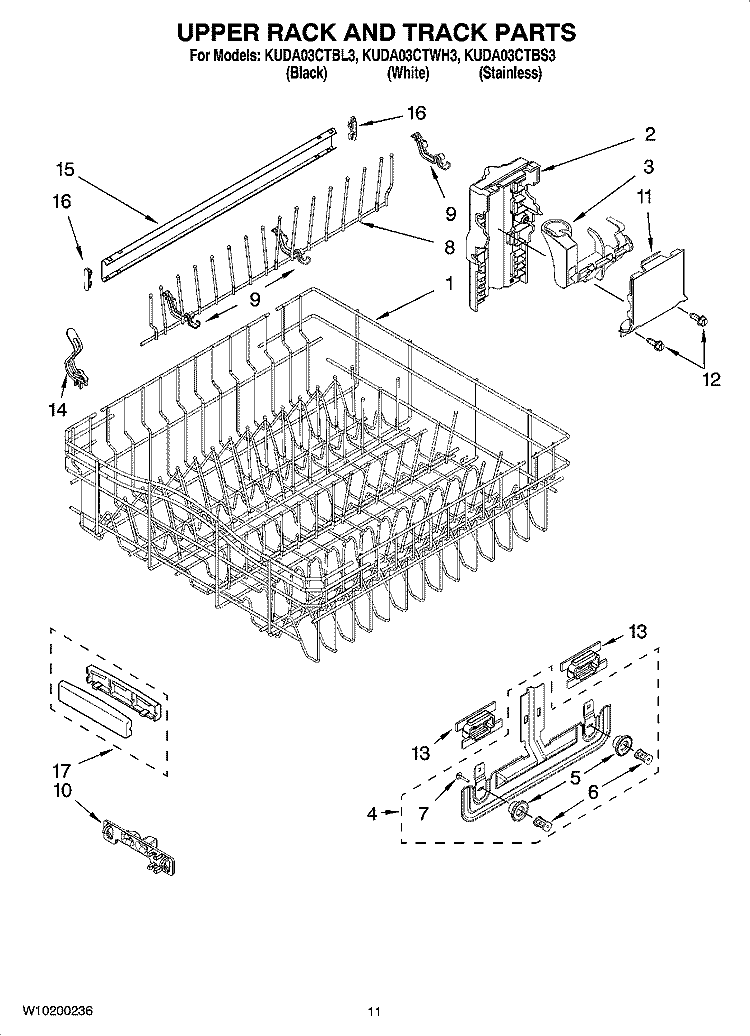 UPPER RACK AND TRACK PARTS Diagram and Parts List for KUDA03CTBL3  KitchenAid Dishwasher