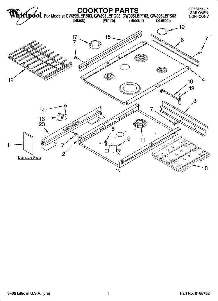 COOKTOP PARTS Diagram and Parts List for GW395LEPS03  Whirlpool Range