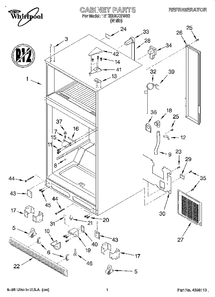 CABINET Diagram and Parts List for 1ET25DKXGW00  Whirlpool Refrigerator