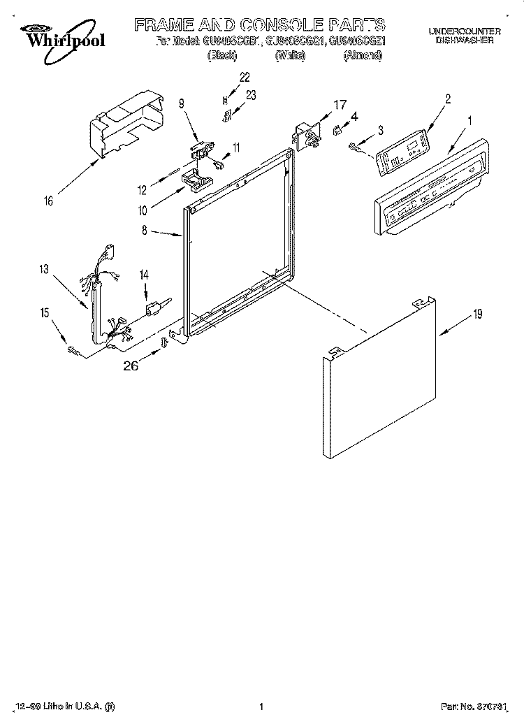 FRAME AND CONSOLE Diagram and Parts List for GU940SCGZ1  Whirlpool Dishwasher