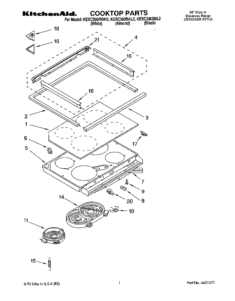 COOKTOP, LITERATURE Diagram and Parts List for KESC300BAL2  KitchenAid Range
