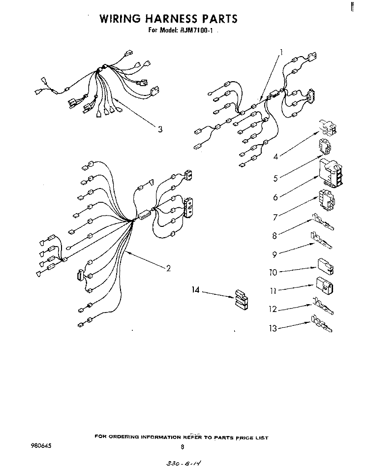 WIRING HARNESS Diagram and Parts List for RJM71001  Whirlpool Microwave
