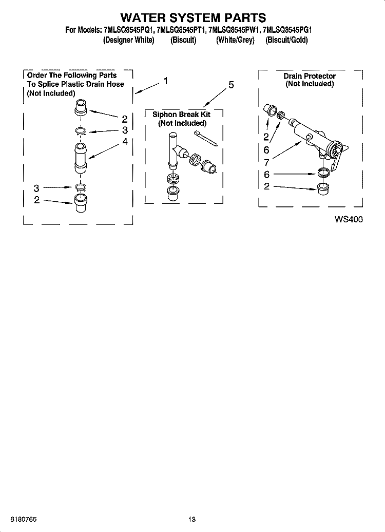 WATER SYSTEM PARTS, OPTIONAL PARTS (NOT INCLUDED) Diagram and Parts List for 7MLSQ8545PQ1  Whirlpool Washer