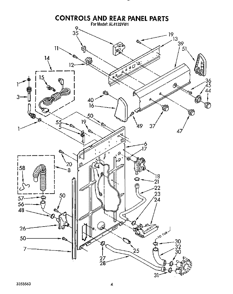 CONTROLS AND REAR PANEL Diagram and Parts List for AL4132VL1  Whirlpool Washer