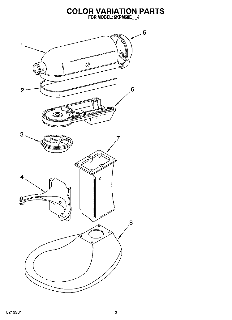COLOR VARIATION PARTS Diagram and Parts List for 5KPM50EGR4  KitchenAid Mixer