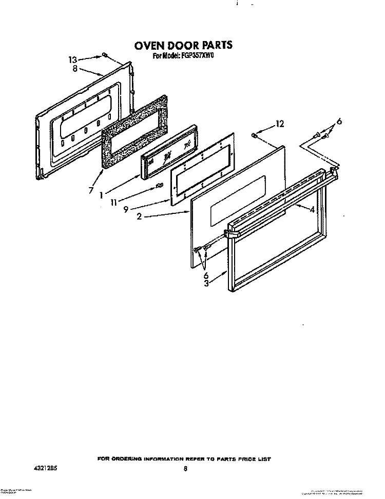 OVEN DOOR, LIT/OPTIONAL Diagram and Parts List for FGP357XL0  Roper Range