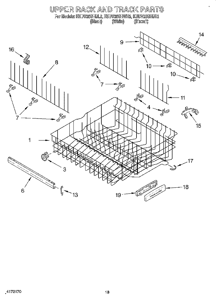 UPPER RACK AND TRACK Diagram and Parts List for KUDV25SHBL2  KitchenAid Dishwasher