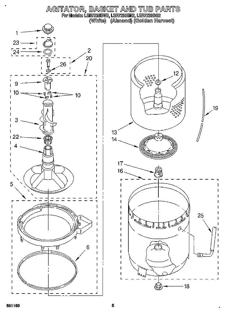 AGITATOR, BASKET AND TUB Diagram and Parts List for LSR7233BN2  Whirlpool Washer