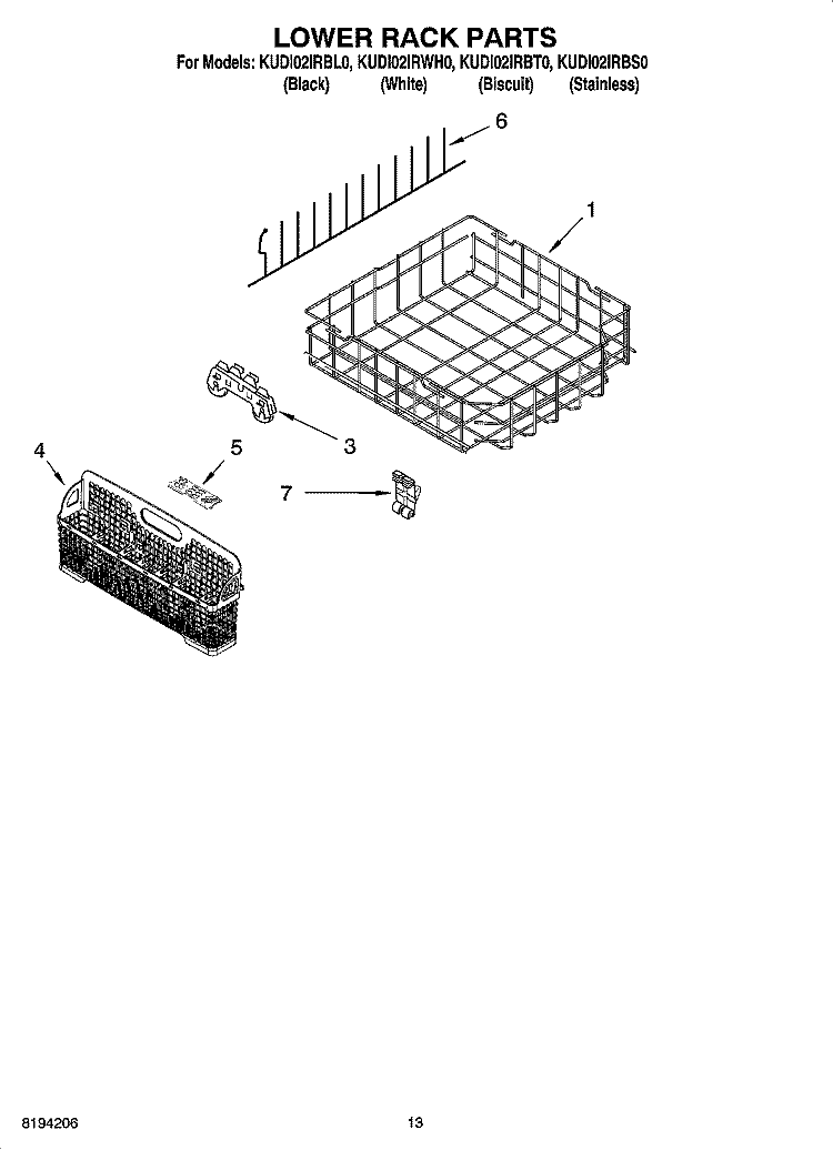 LOWER RACK PARTS, OPTIONAL PARTS (NOT INCLUDED) Diagram and Parts List for KUDI02IRBT0  KitchenAid Dishwasher